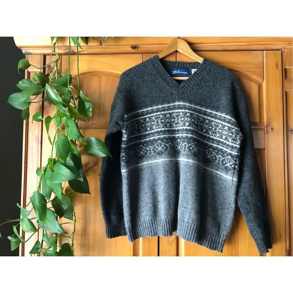Express Bleus Wool Fair Isle V-Neck Sweater Gray Men’s L